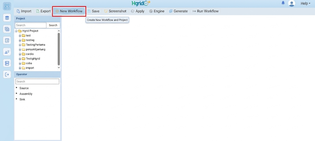 Tombol New Workflow pada toolbar utama