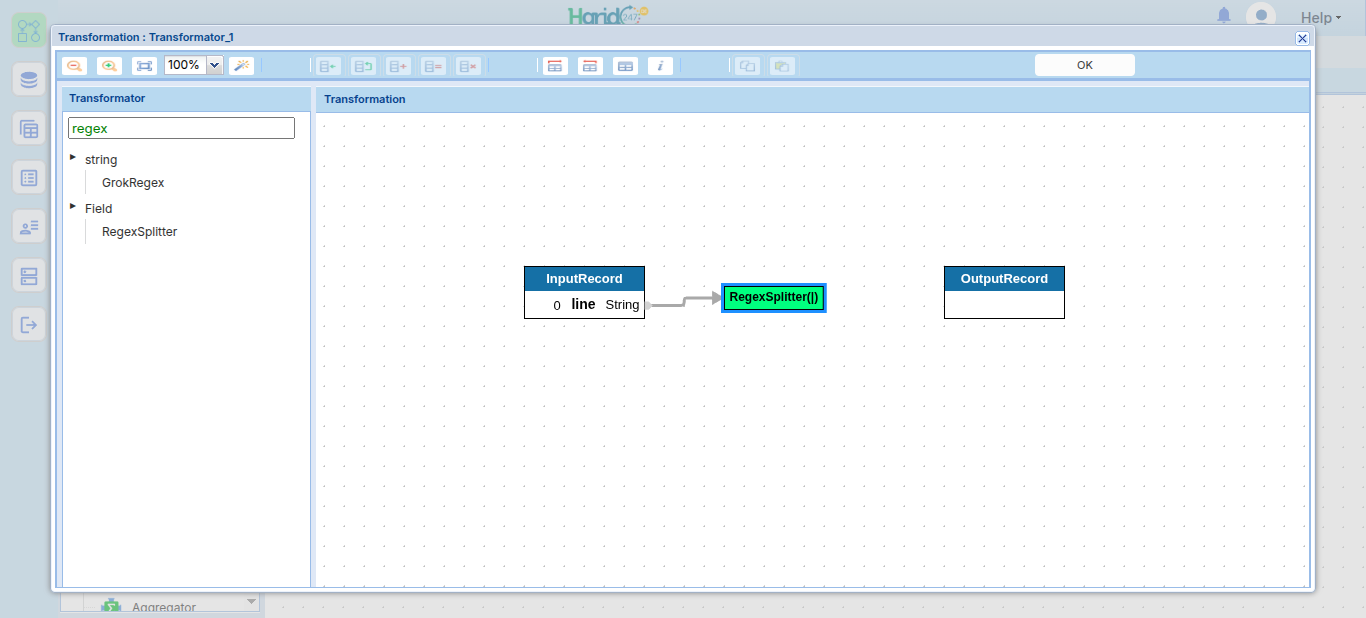 Penempatan RegexSplitter di antara input dan output