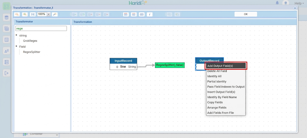 Menu klik kanan pada output record dengan pilihan Add Output Field(s)