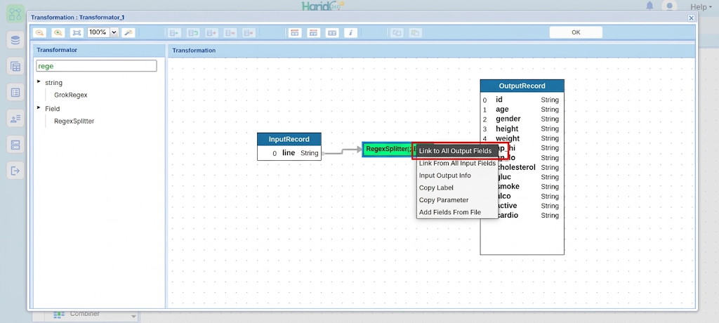 Menu klik kanan pada RegexSplitter dengan pilihan Link to all output fields