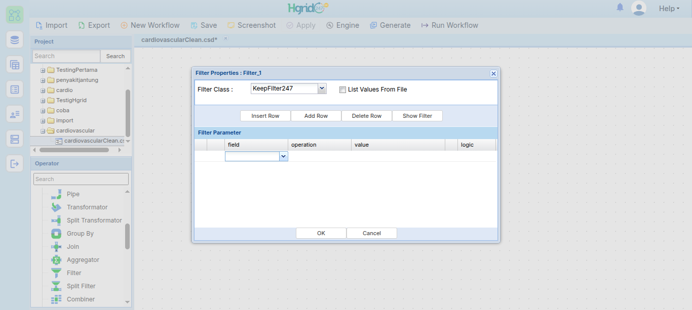 Dialog konfigurasi Filter_1 dengan daftar baris kriteria