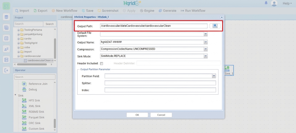 Konfirmasi output path HFS Sink