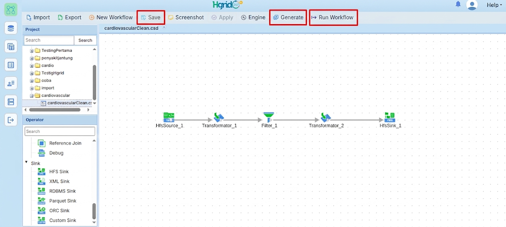 Menu Save, Generate, dan Run Workflow