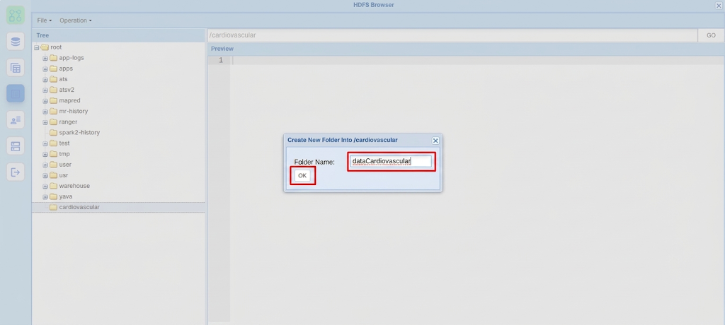 Dialog pembuatan sub-folder dengan nama dataCardiovascular