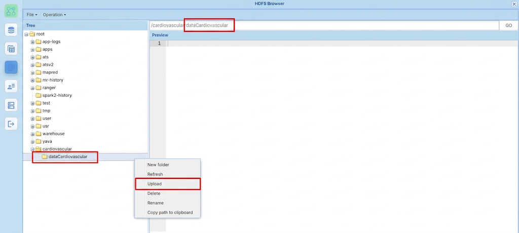 Menu klik kanan pada folder dataCardiovascular dengan pilihan Upload